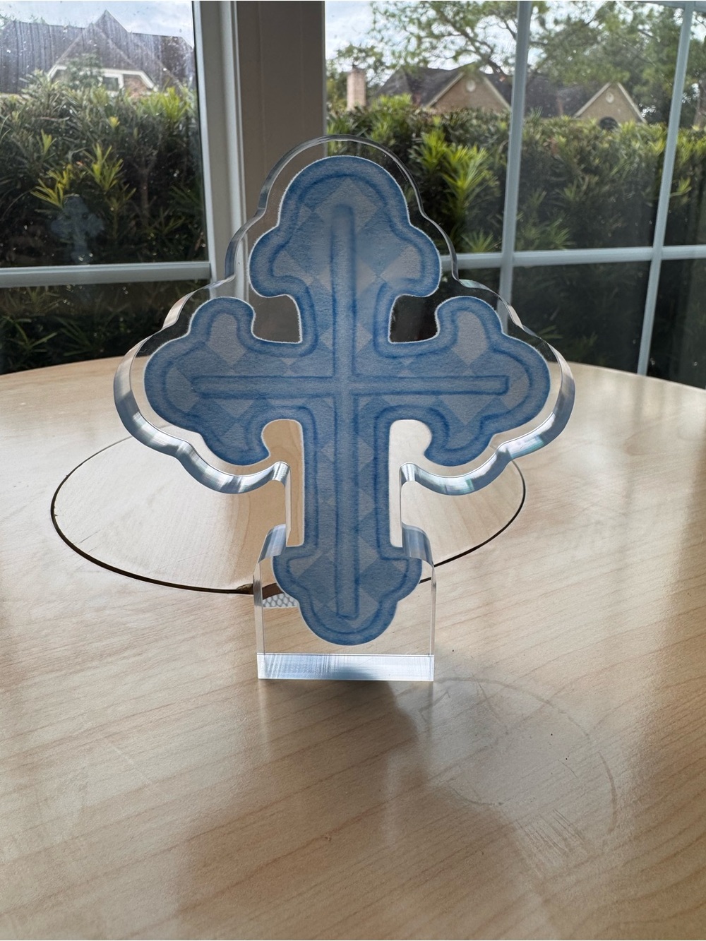 Blue Check Cross Acrylic Boys Baptism Decorative Shelf Decor